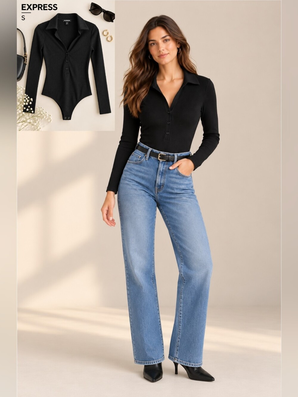 EUC Express Women's Black Ribbed Long-Sleeve Polo Bodysuit, Size S